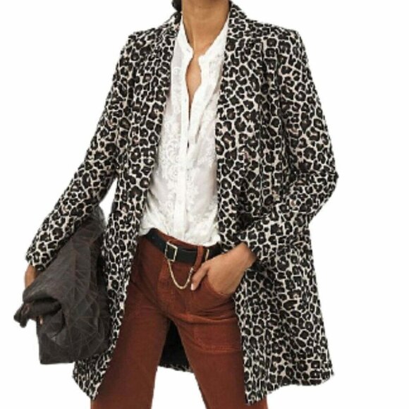 Anthropologie Double Breasted Leopard Midi Jacket Black Womens 2 - Picture 3 of 7